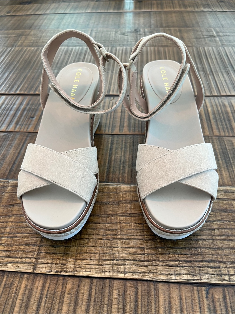 Cole Haan Beige Suede Crisscross Ankle-Strap Platform Sandals